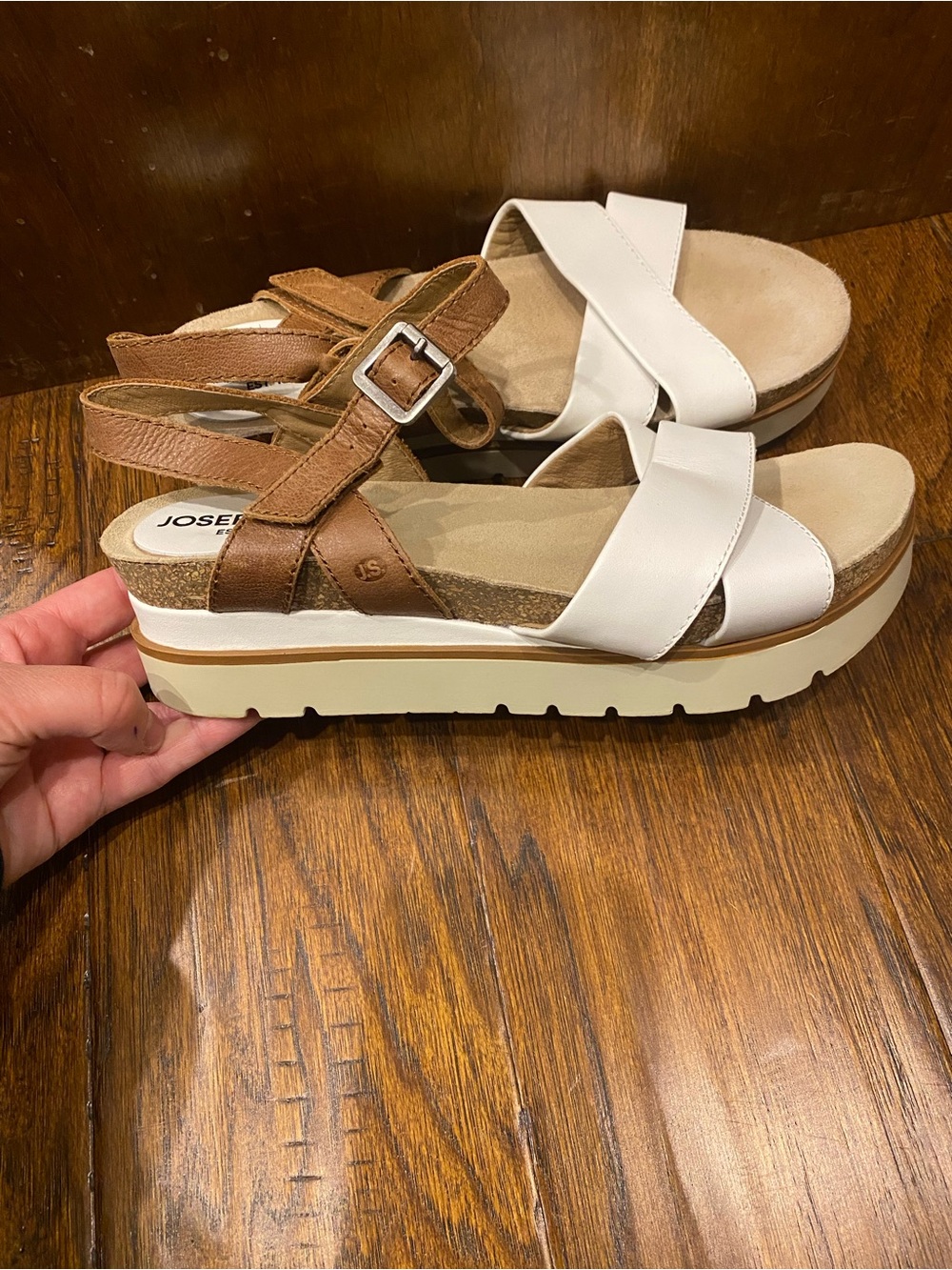 Josef Seibel White and Brown Platform Sandals